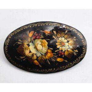 Hand-Painted Wood Brooch Floral Design Signed
